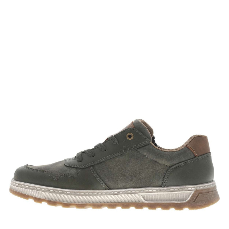 Sneakers kaki avec double fermeture et patch de la marque sur la languette