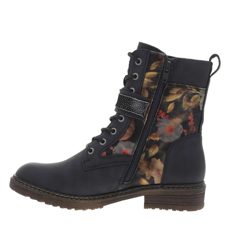 Bottines bleues à talon décroché bas avec un zip et des lacets ronds