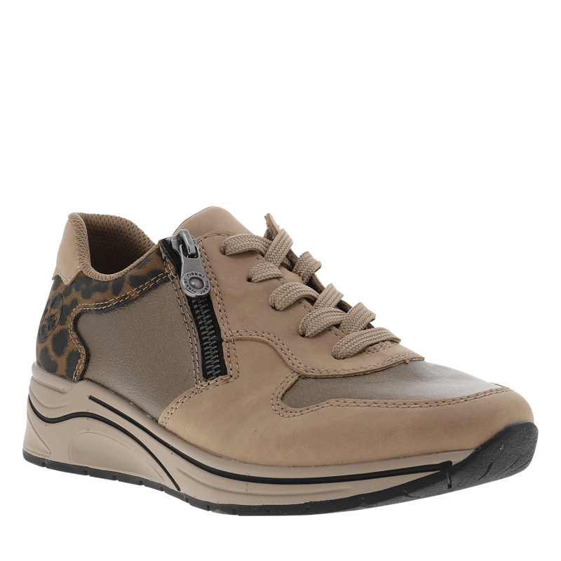Baskets running beiges à talon compensé bas avec des lacets et un zip latéral