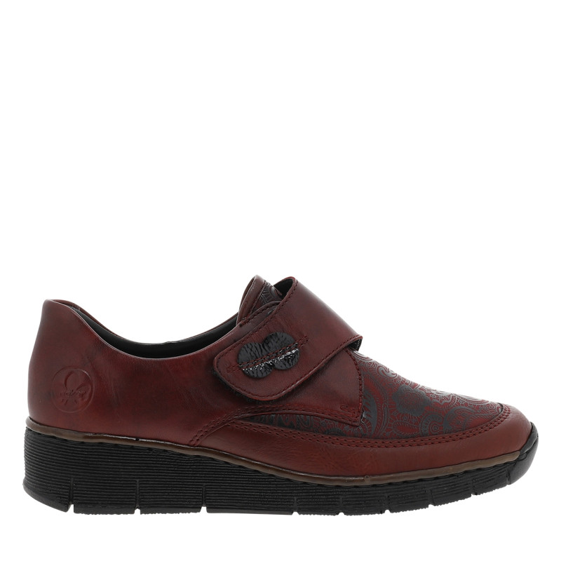 Mocassins en cuir bordeaux à semelle semi-compensé et talon plat avec fleurs noires imprimées