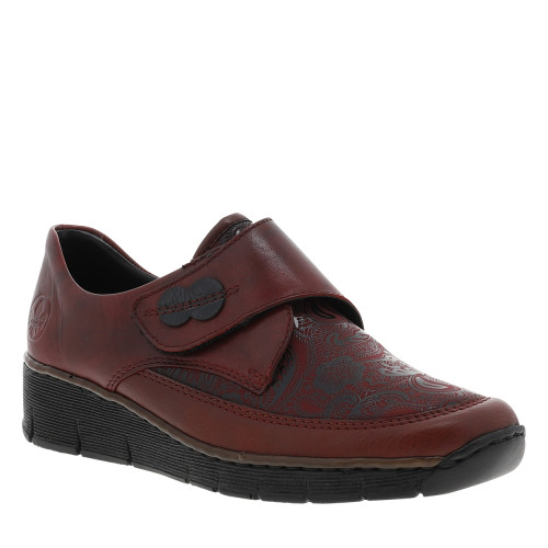 Thumbnail Mocassins en cuir bordeaux à semelle semi-compensé et talon plat avec fleurs noires imprimées - Image 2