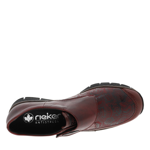 Thumbnail Mocassins en cuir bordeaux à semelle semi-compensé et talon plat avec fleurs noires imprimées - Image 5
