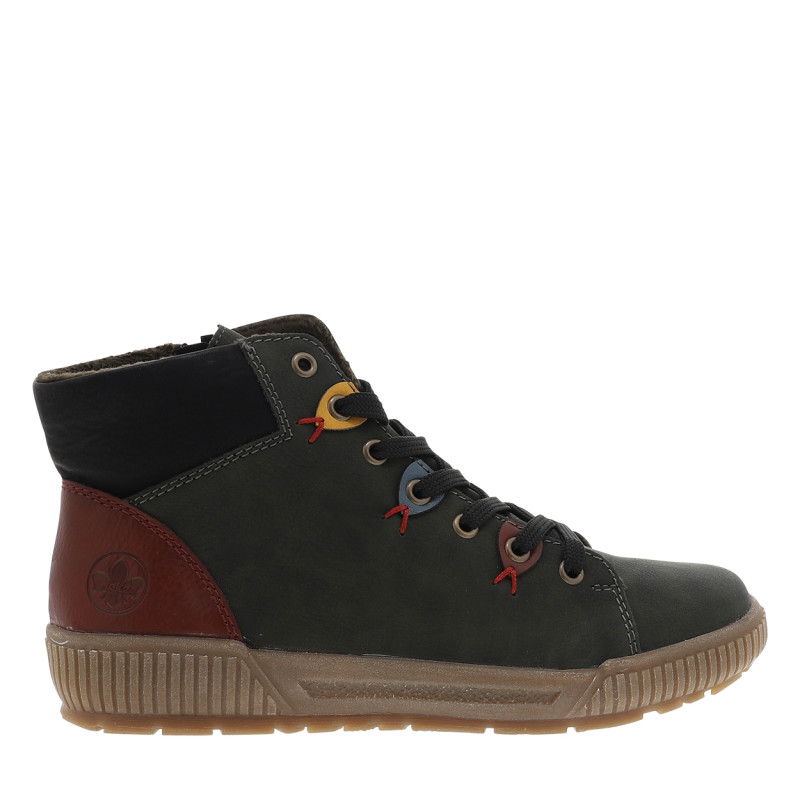 Bottines kaki à talon plat et à lacets et zip latéral avec oeillets colorés