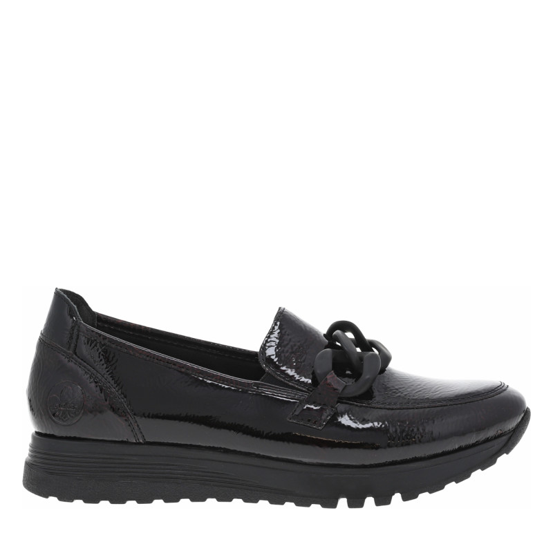 Mocassins en vernis bordeaux avec semelle à talon plat et maillons décoratifs