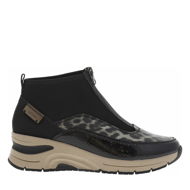 Boots noires avec imprimé léopard à talon semi-compensée et à zip central