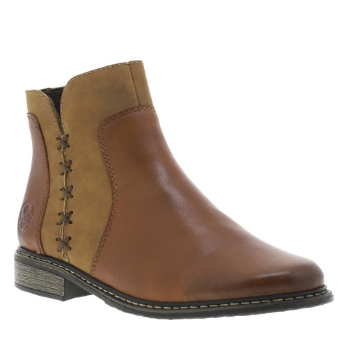 Thumbnail Boots en cuir cognac à talon décroché bas avec un zip et logo embossé - Image 2