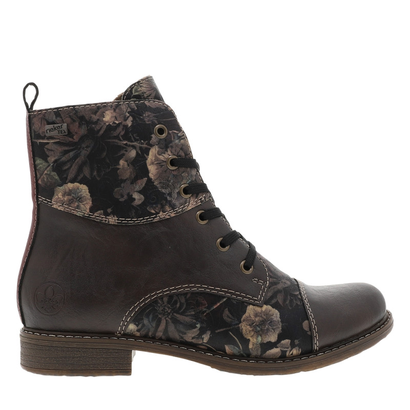 Bottines marron à talon plat ornées d'un empiècement à motif floral