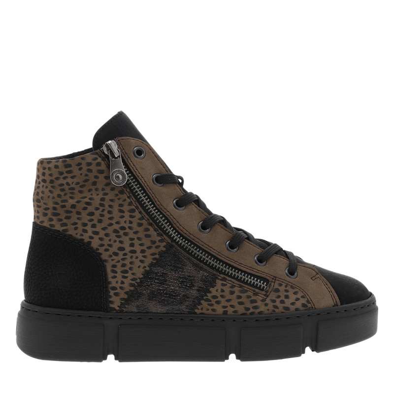 Bottines noires et marron à talon plat dotées d'empiècements bi-matières