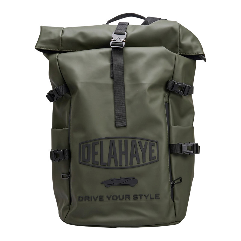 Sac à dos roll-top en toile imperméable kaki et lettrage embossé