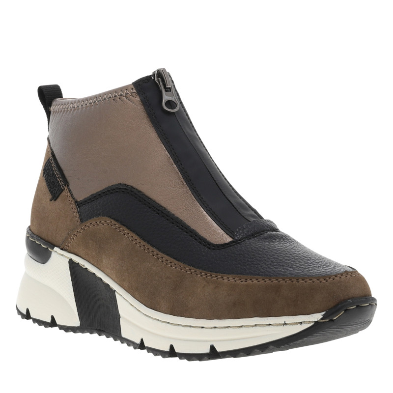 Boots brunes à talon semi-compensée avec un zip sur le devant