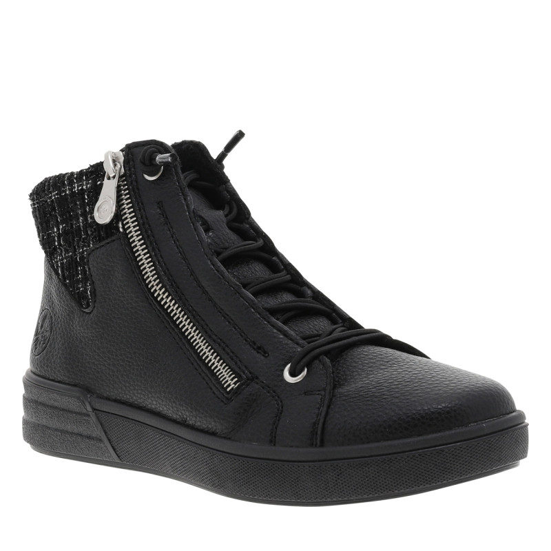Bottines noires à talon plat avec des lacets élastiqués et un zip latéral