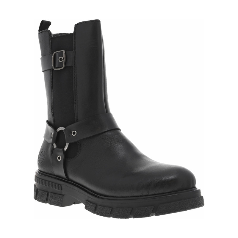 Boots noires à talon décroché bas avec zip, soufflet élastiqué et sangles noires