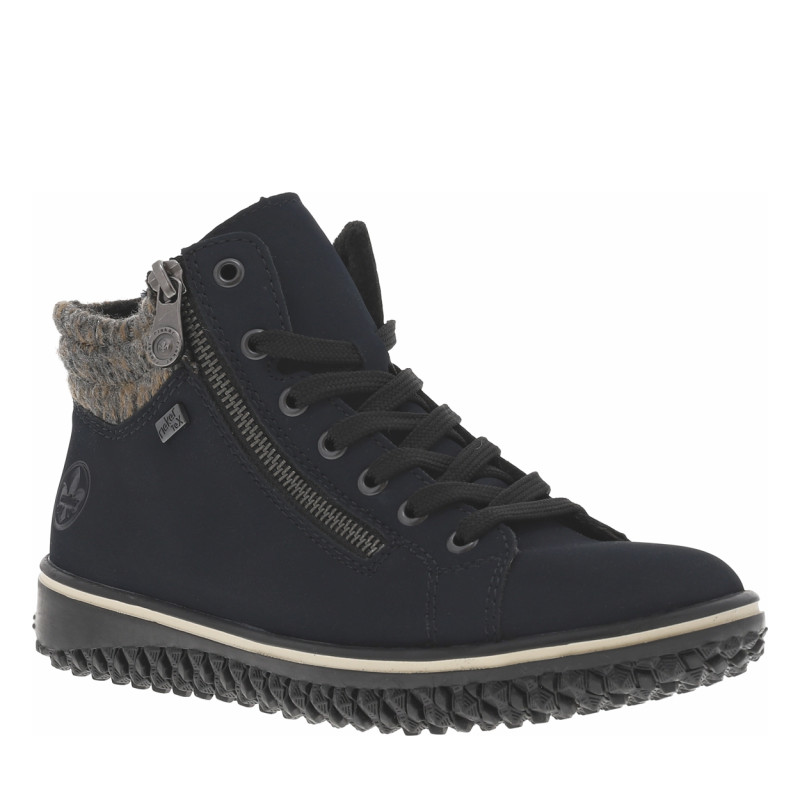 Bottines bleu marine à talon plat avec des lacets et 2 zips latéraux
