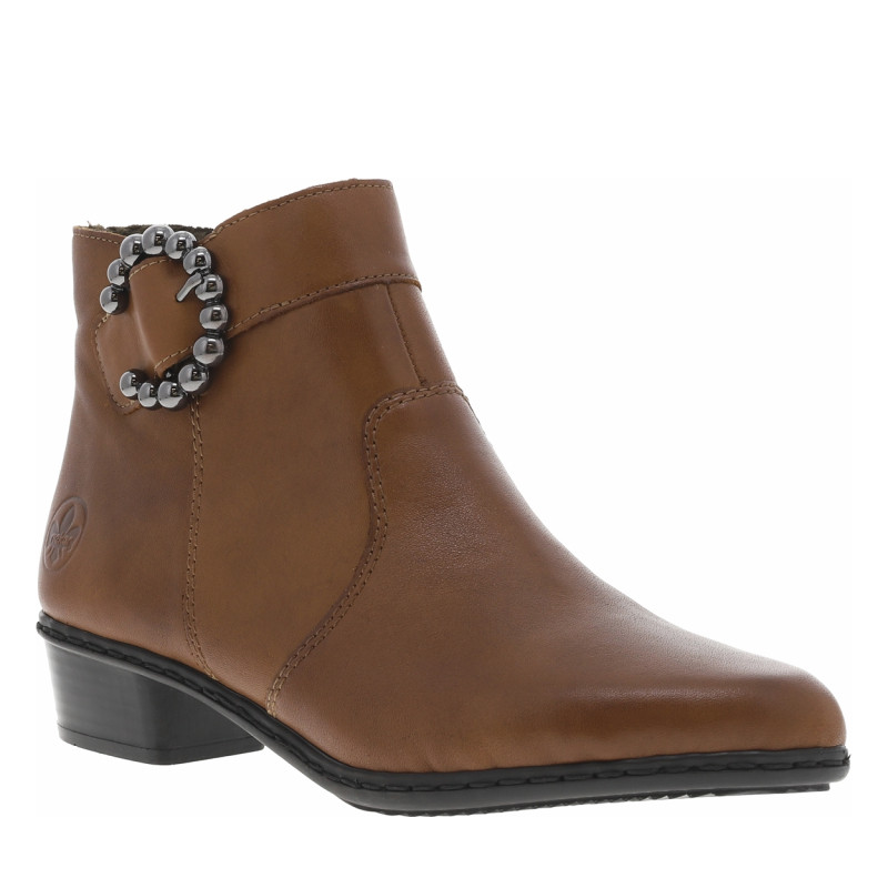 Boots en cuir cognac à talon décroché bas avec sangle décorative