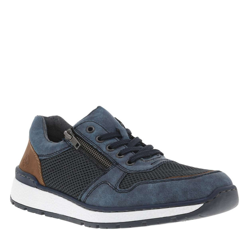 Baskets basses en cuir marineavec lacets plats et zip sur le côté extérieur