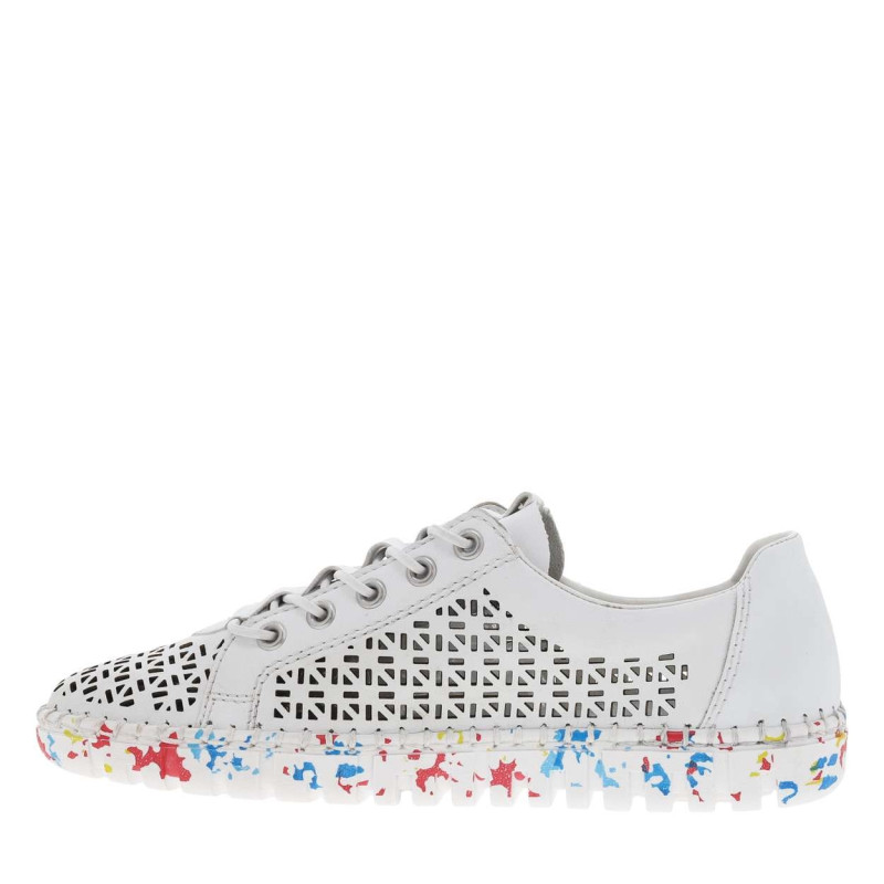 Sneakers en cuir blanc ajouré à semelle multicolore, lacet et zip latéral