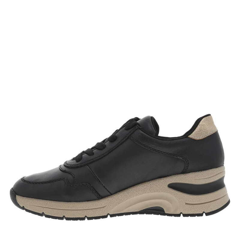 Sneakers en cuir noires à talon semi-compensé et à lacets plats noirs