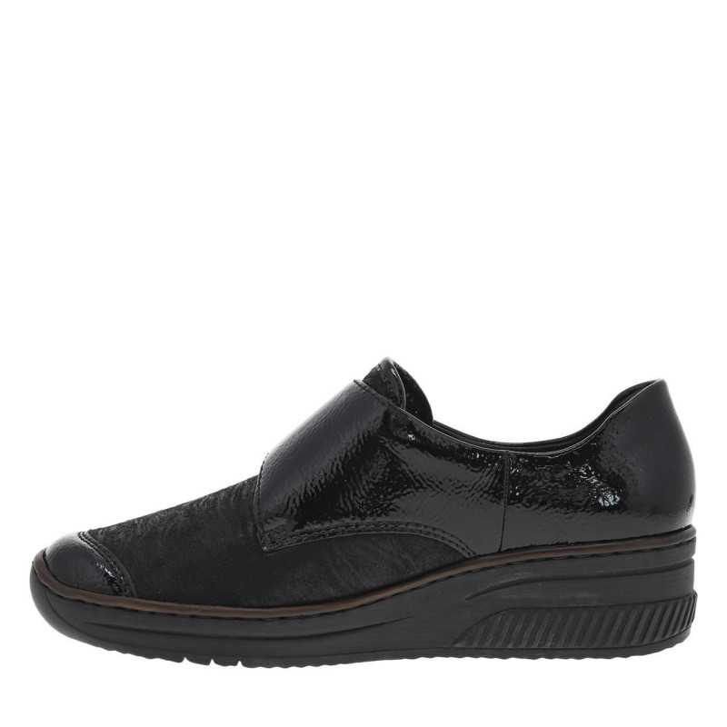 Sneakers noires vernies à talon compensé bas et à bande auto-agrippante