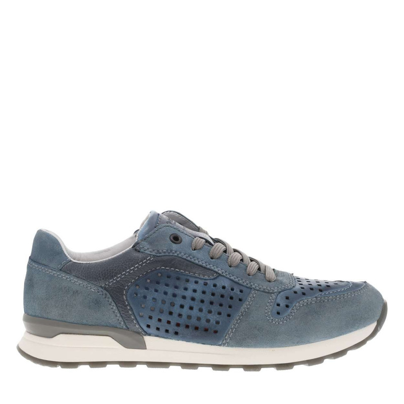 Sneakers en cuir bleu à talon plat et à lacets plats gris avec trous d'aération - Image 2