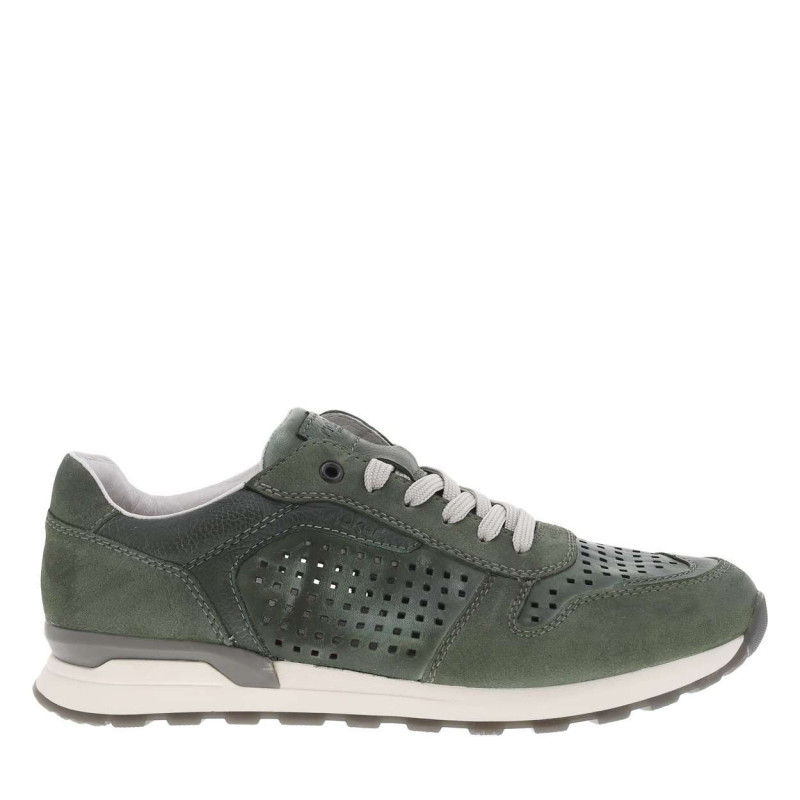 Sneakers olive en cuir perforé avec semelle blanche et grise et des lacets plats - Image 2